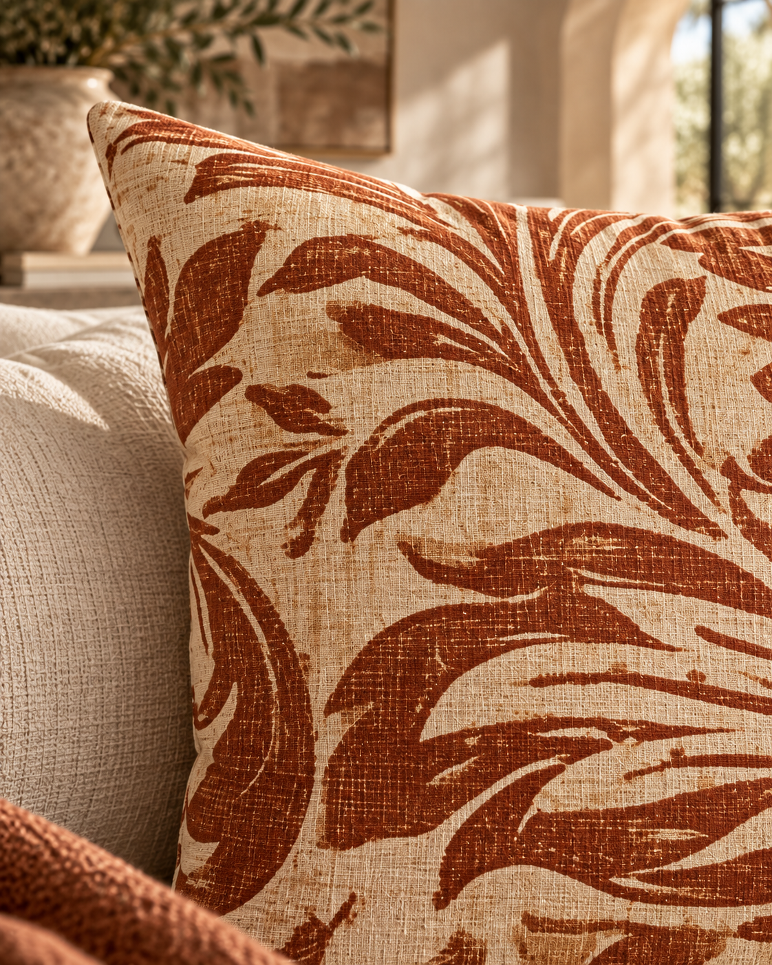 Rust Floral Scroll Faux Suede Square Pillow | Boho Damask Throw Cushion