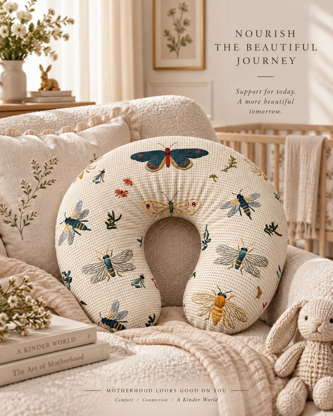 Vintage Moths and Bees Nursing Pillow Cover | Floral Insect Print