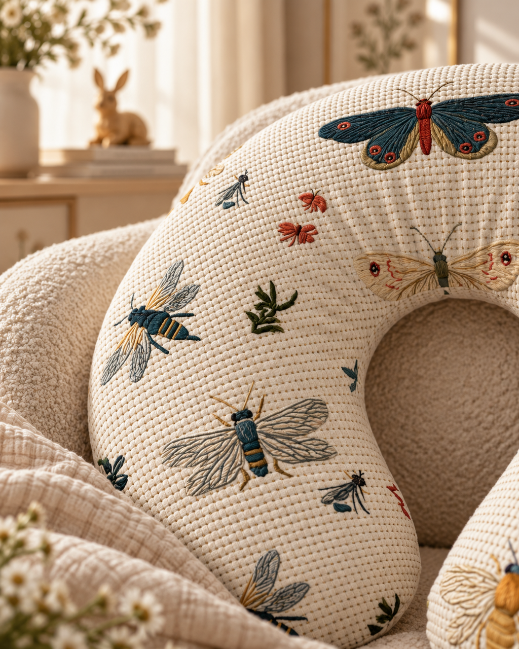 Vintage Moths and Bees Nursing Pillow Cover | Floral Insect Print