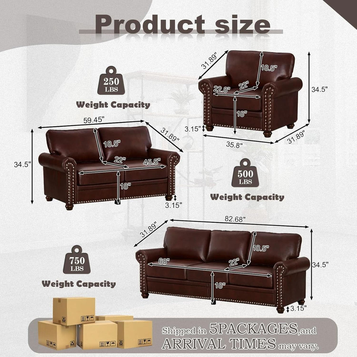 3 Piece Faux Leather Sofa Set With Storage In Burgundy Mid Century Modern Living Room-1