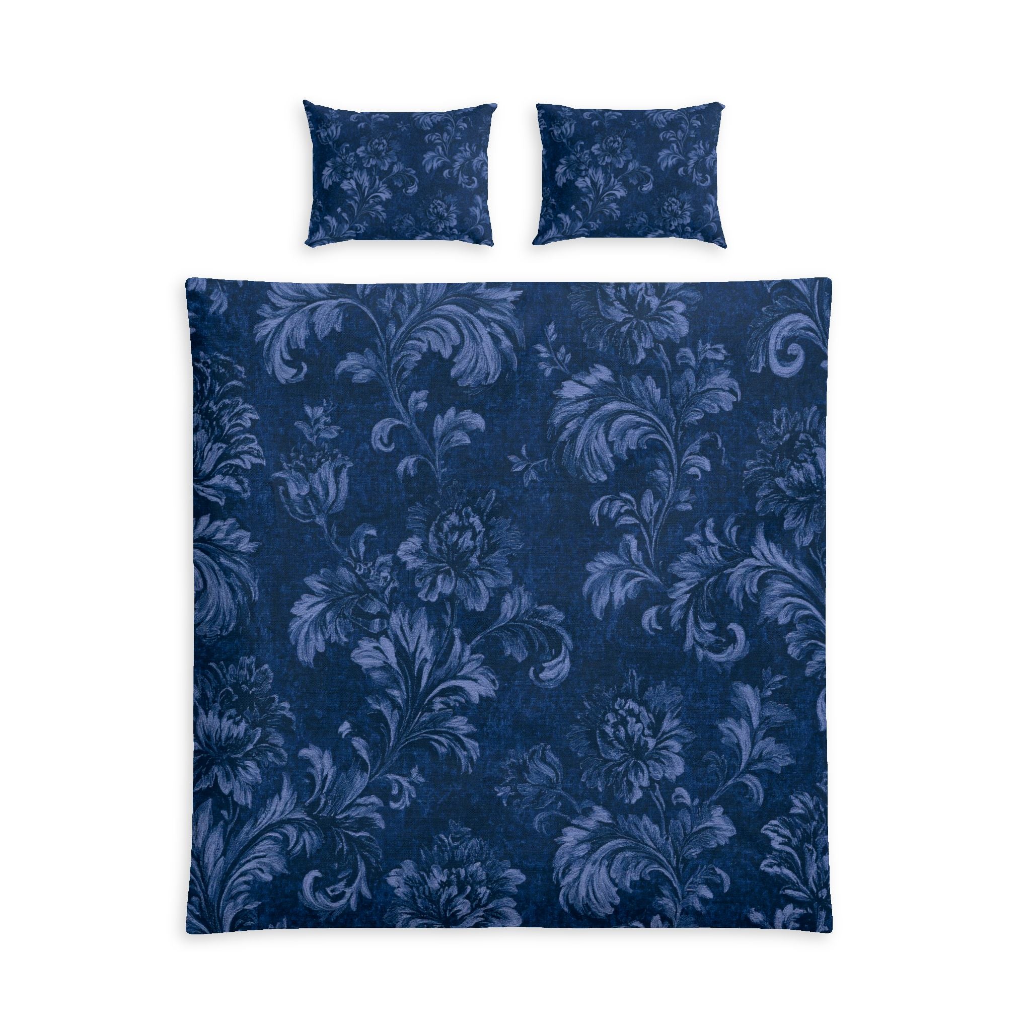 Navy Floral Damask Duvet Cover Set Cotton Bed Set | Blue Vintage Botanical Pattern
