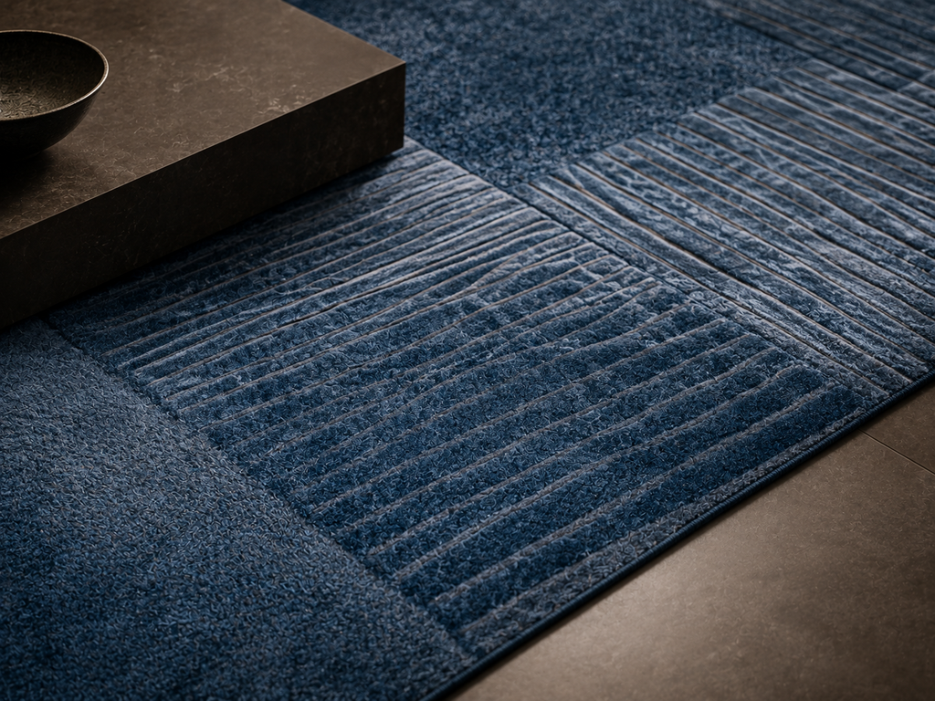 Blue Patchwork Textured Area Rug | Modern Geometric Floor Rug