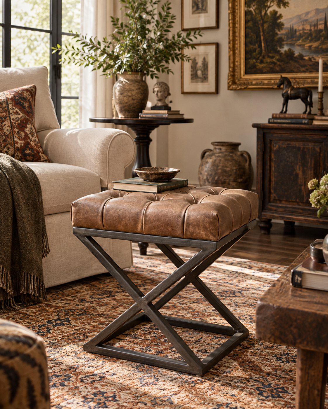 Ashbourne Tufted Leather Cross Stool – Industrial Iron Accent Table & Ottoman