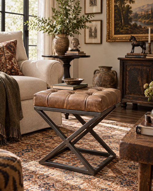 Ashbourne Tufted Leather Cross Stool – Industrial Iron Accent Table & Ottoman