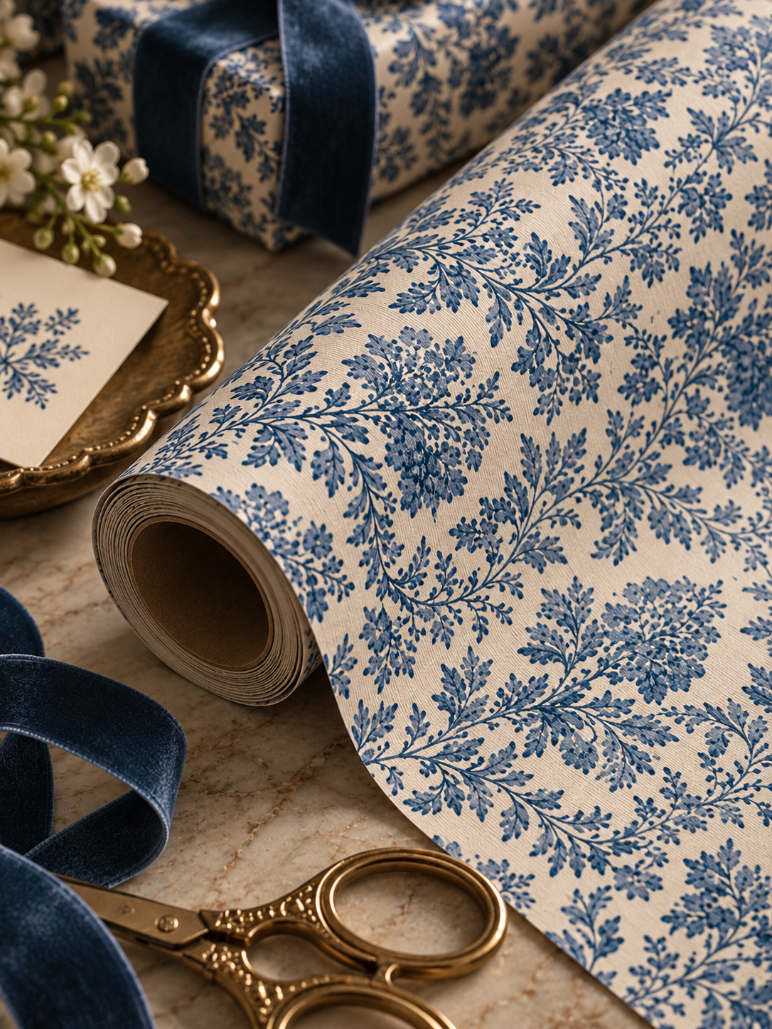Blue Floral Damask Gift Wrapping Paper Roll