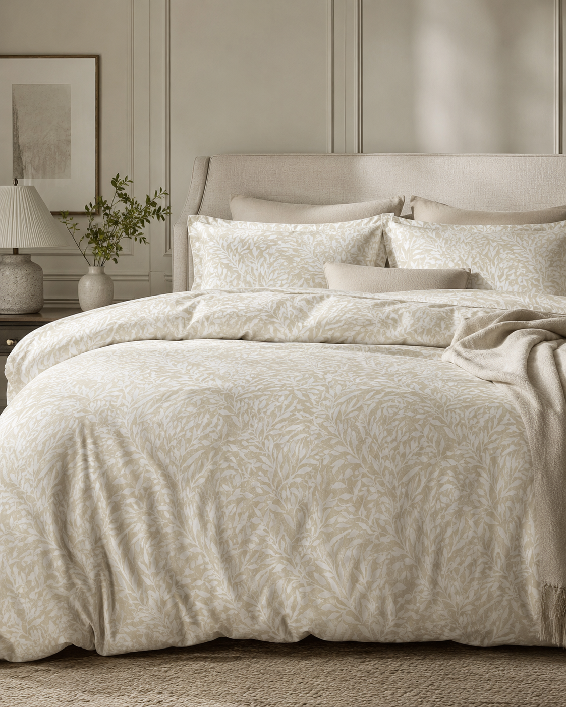 Ivory Willow Cotton Bed Set, Beige Botanical Bedding, Neutral Leaf Duvet Cover Set, Luxury Cottage Bedding, Twin Twin XL Queen