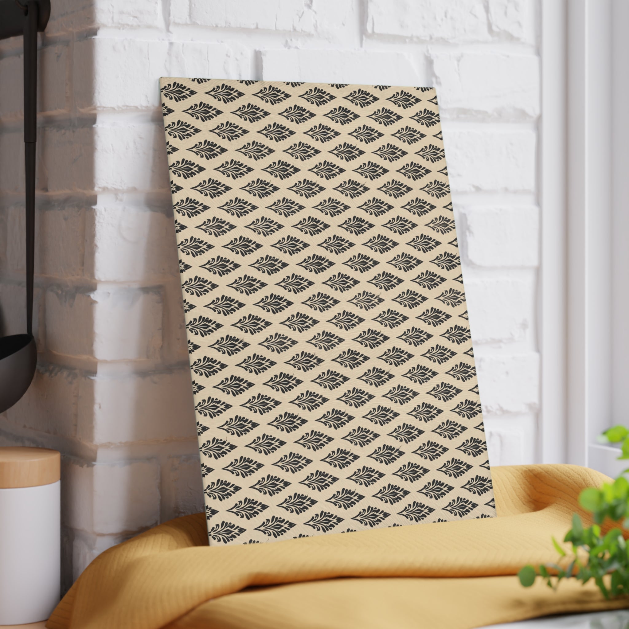 Neutral Geometric Ikat Pattern Glass Cutting Board | Boho Kitchen Décor