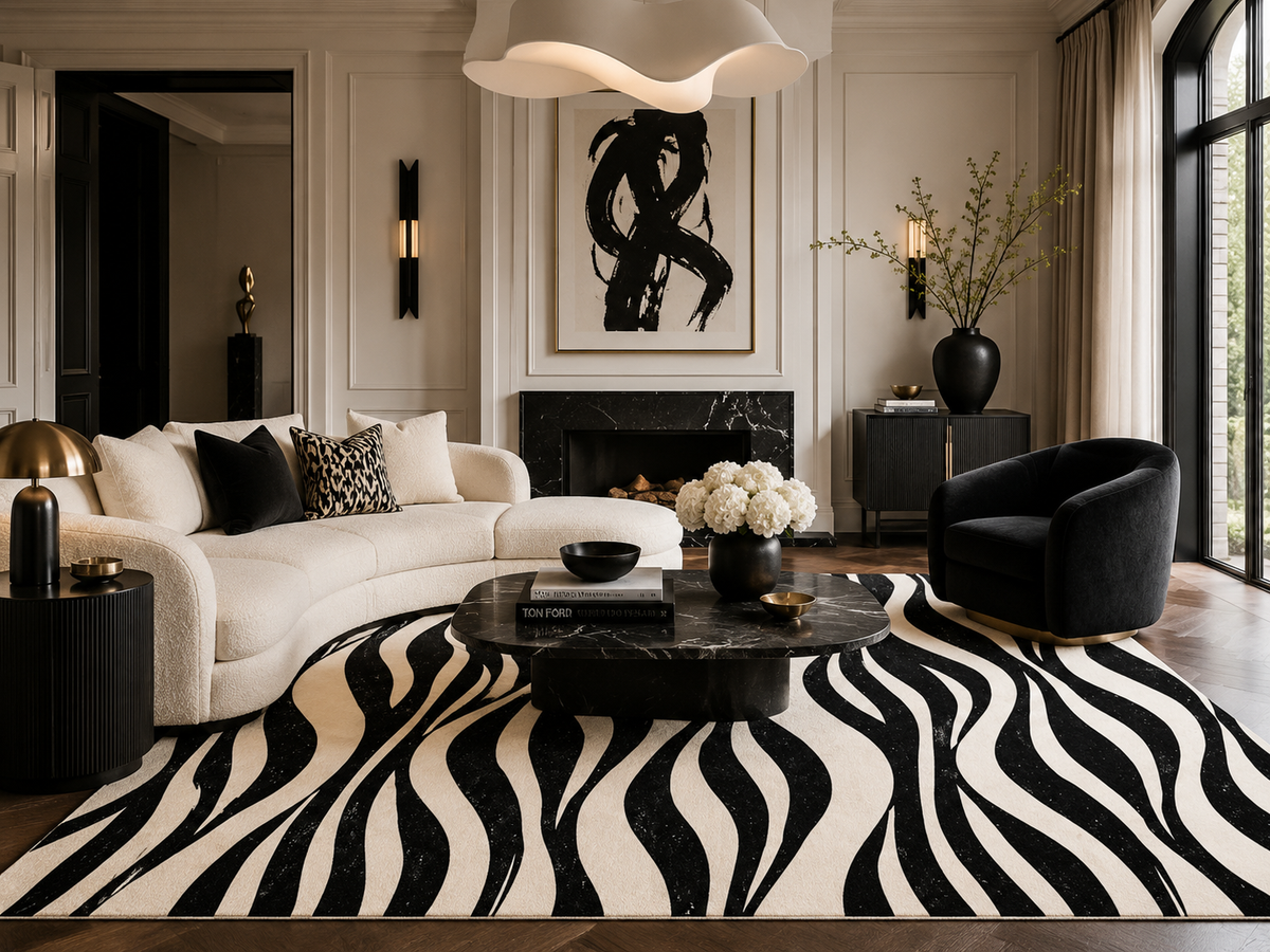 Noir Riviera Black & Cream Area Rug – Luxury Abstract Zebra Pattern Rug, Modern Statement Carpet, Editorial Home Decor