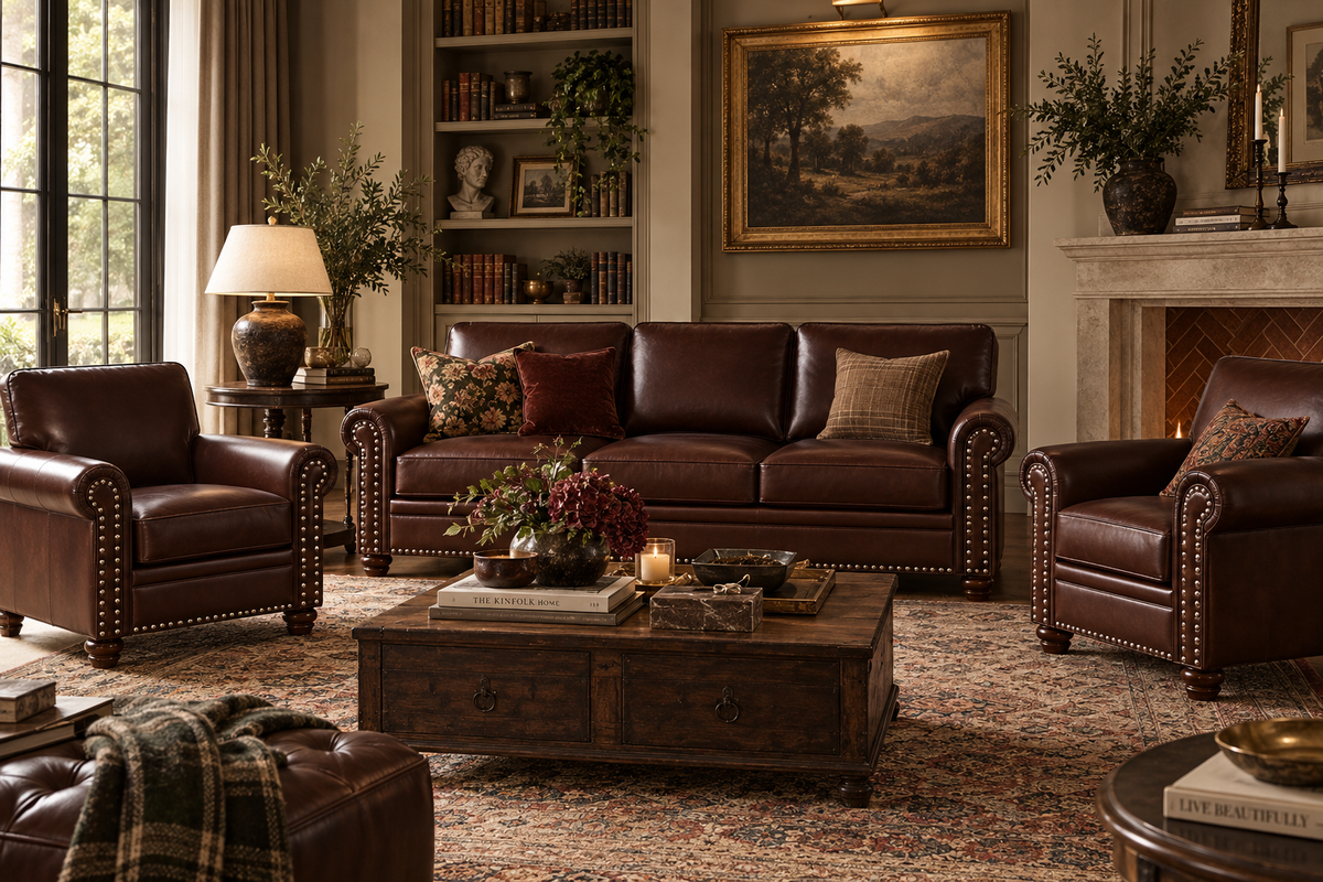 The Ashbourne 3-Piece Sofa Set | Brown Leather-Style Living Room Set with Rolled Arms & Nailhead Trim | Classic English Country Furniture