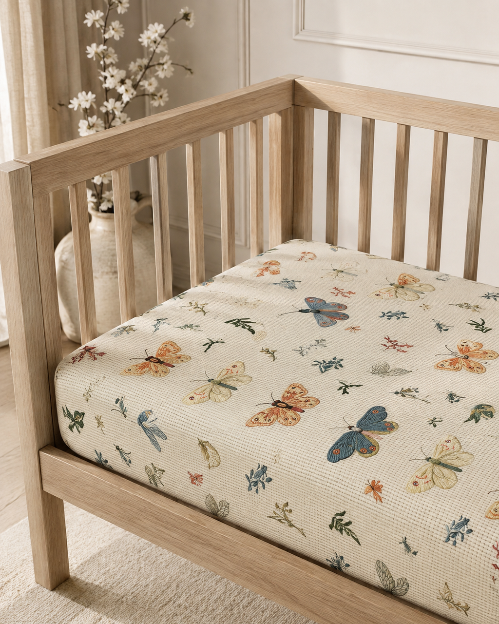 Butterfly Garden Baby Fitted Crib Sheet, Vintage Botanical Nursery Bedding, Cottagecore Butterfly Baby Sheet, Neutral Luxury Nursery Decor