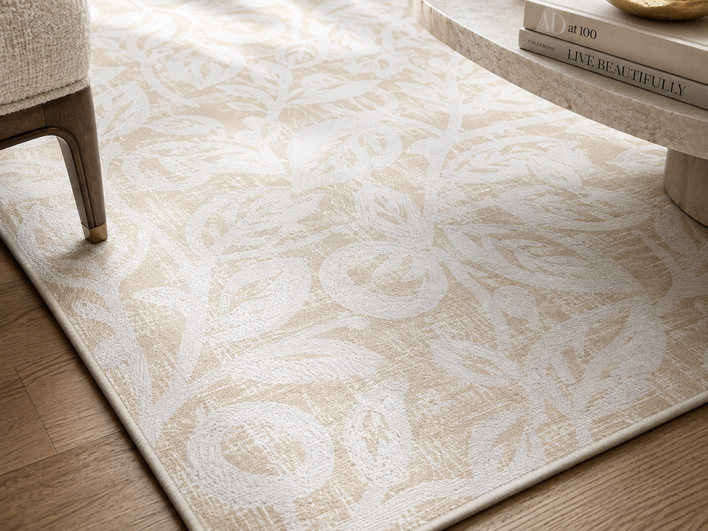 Neutral Leaf Pattern Area Rug | Beige White Botanical Floor Accent