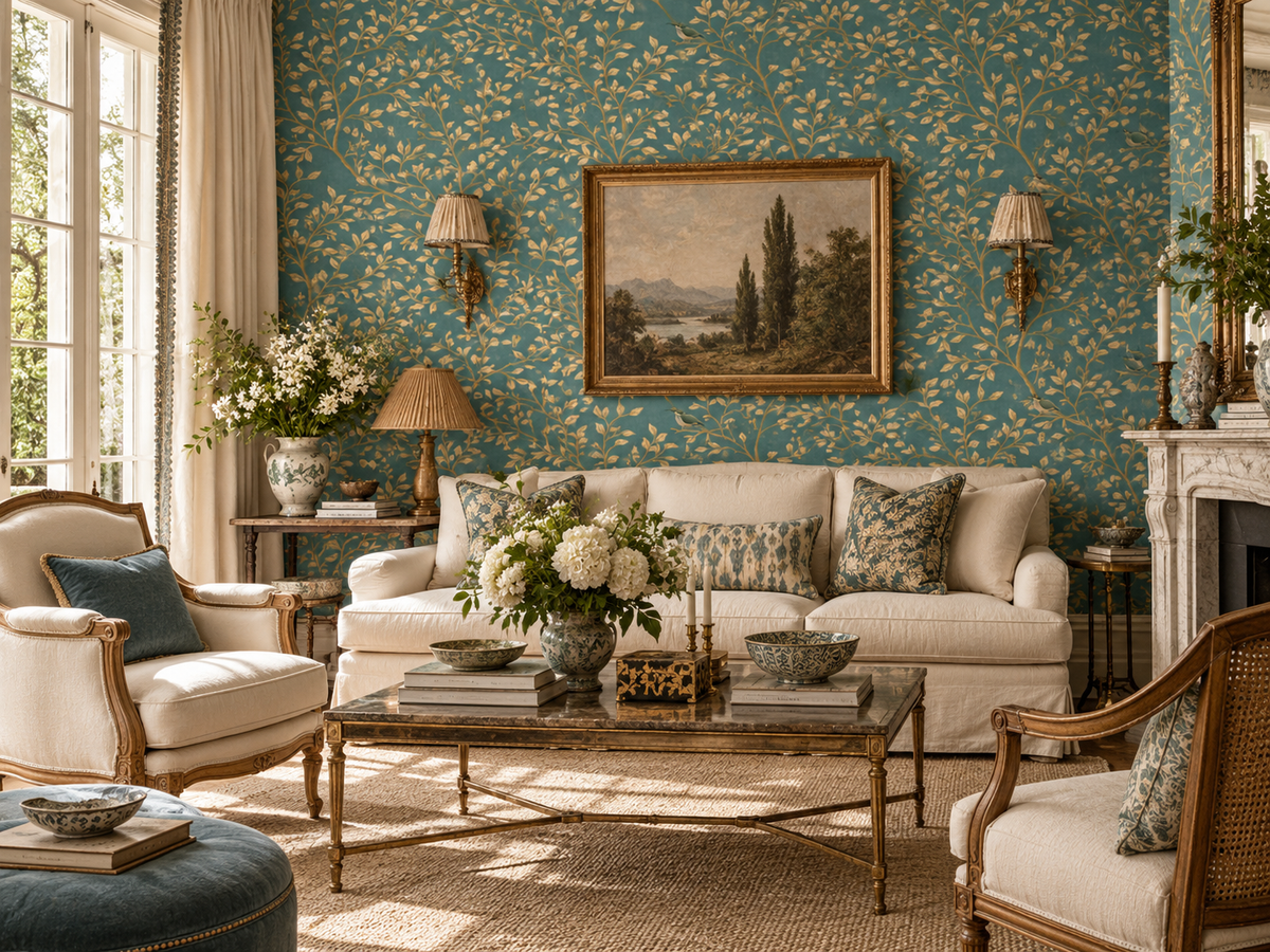 Aurelia Aviary Wallpaper | Teal Botanical Bird Wallpaper | English Country Luxury Wallpaper | Vintage Chinoiserie Wall Decor