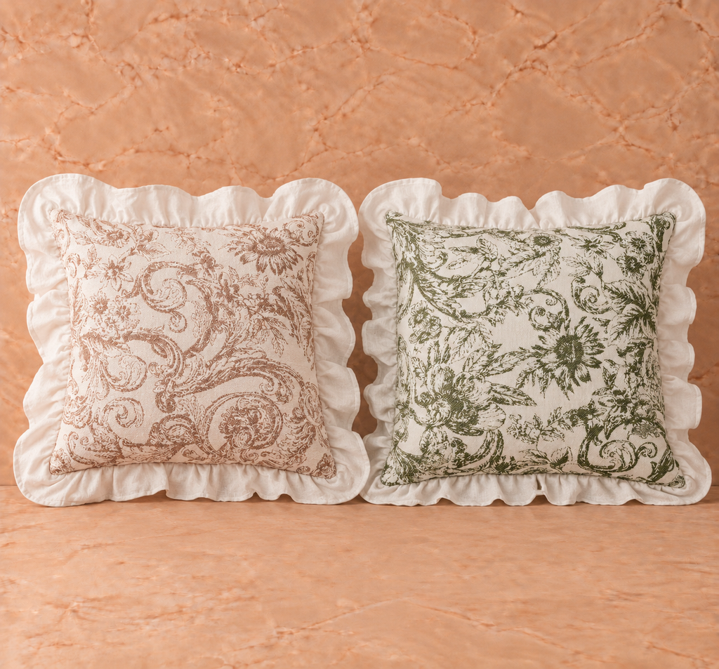 Ellie & Green Ruffle Cushion – Botanical Toile Pillow with White Ruffle