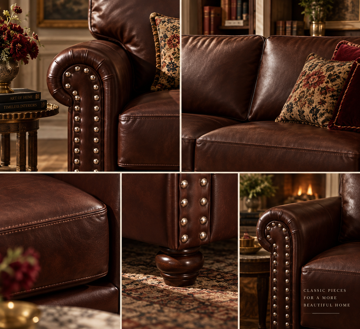 The Ashbourne 3-Piece Sofa Set | Brown Leather-Style Living Room Set with Rolled Arms & Nailhead Trim | Classic English Country Furniture