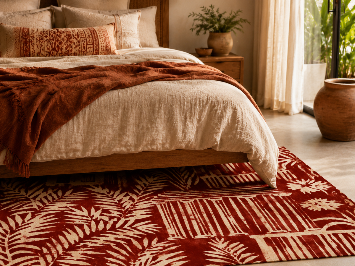 Tropical Cottage Area Rug | Palm Leaf Cabin Pattern, Red Cream Floor Mat