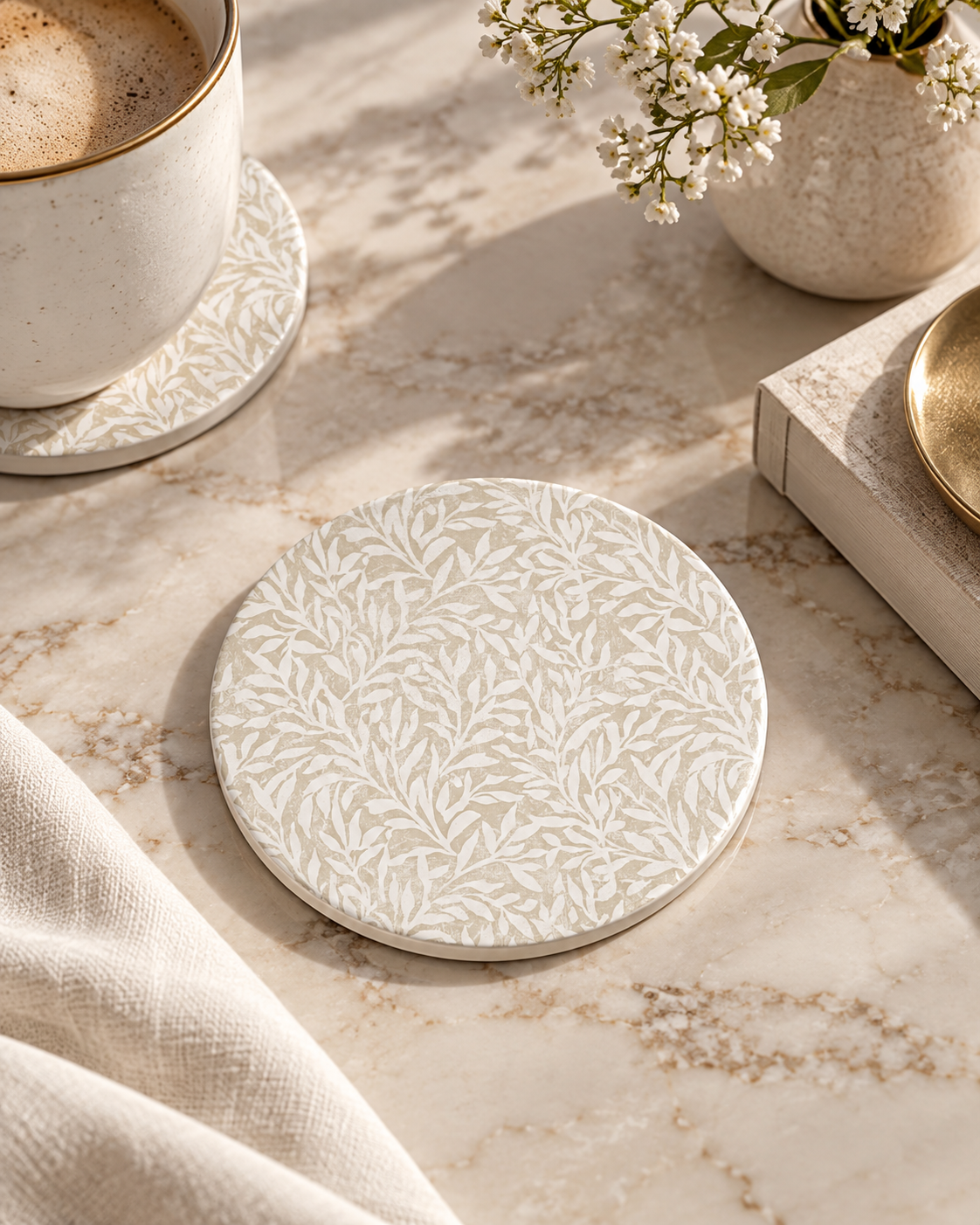 Ivory Willow Ceramic Coaster, Beige Botanical Drink Coaster, Neutral Floral Home Decor, Elegant Coffee Table Coaster, Cottagecore Gift