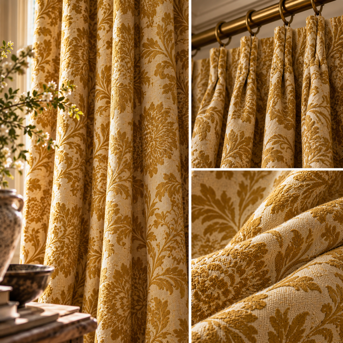 Amelia Chenille Curtains – Interlined Floral Pair, 104”W × 84”L