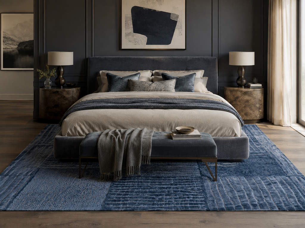 Blue Patchwork Textured Area Rug | Modern Geometric Floor Rug