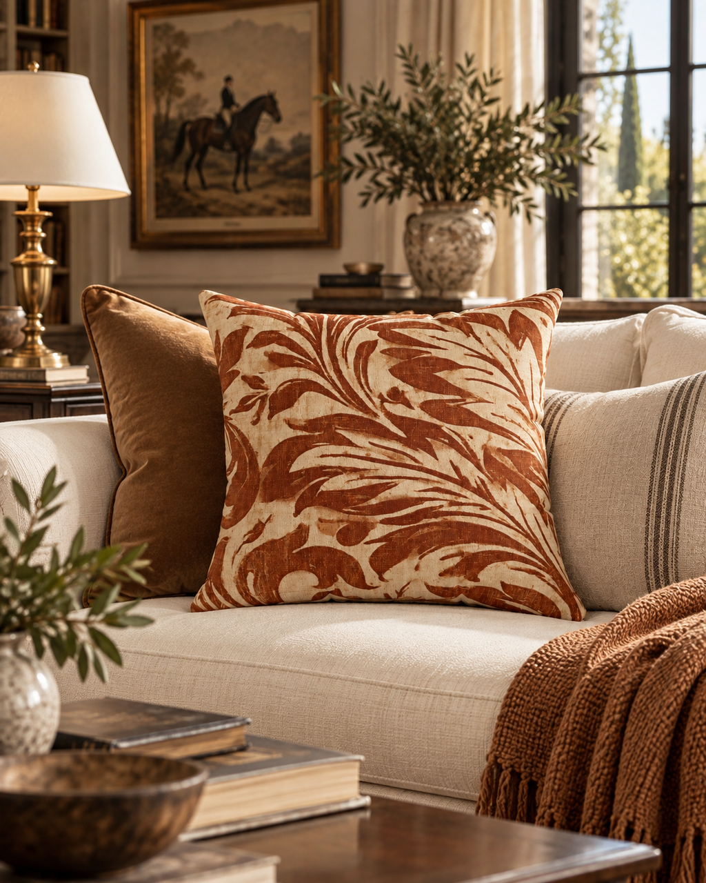 Rust Floral Scroll Faux Suede Square Pillow | Boho Damask Throw Cushion