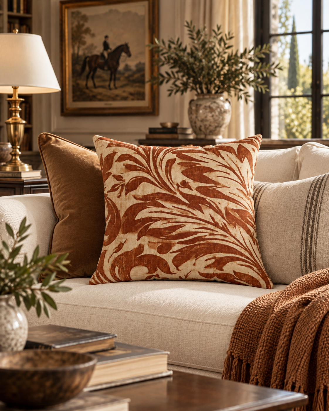 Rust Floral Scroll Faux Suede Square Pillow | Boho Damask Throw Cushion
