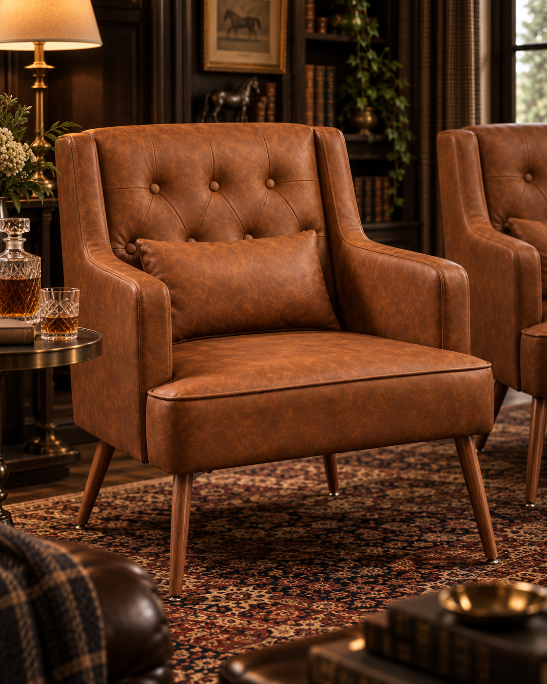 Alden Cognac Accent Chair Set of 2 – Tufted Faux Leather Armchairs with Lumbar Pillows, Vintage Brown Living Room Chairs