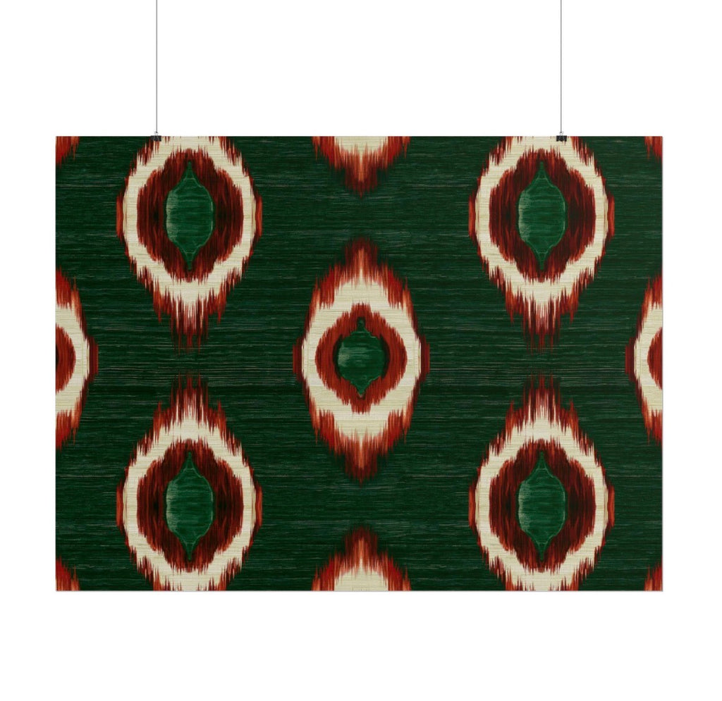 Emerald Green Ikat Wall Art, Rust & Ivory Boho Poster, Luxury Eclectic Large Wall Decor