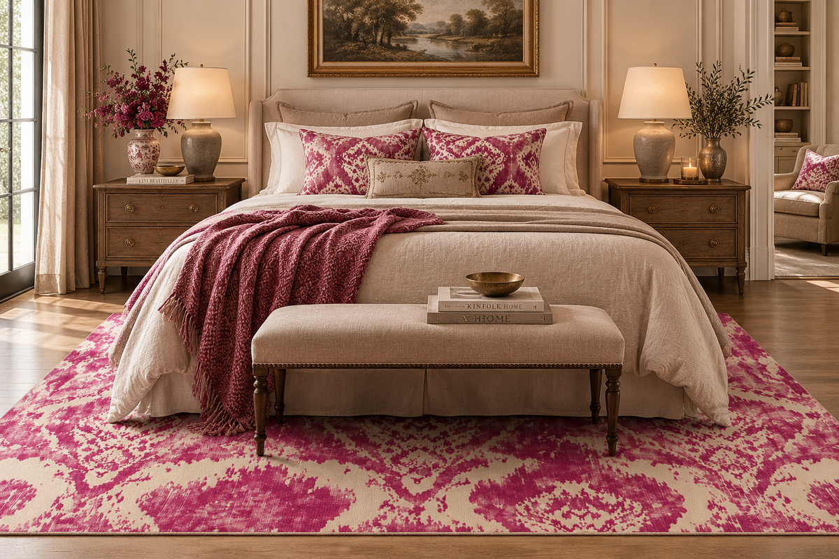 Pink Ikat Pattern Area Rug | Boho Vintage Distressed Rug