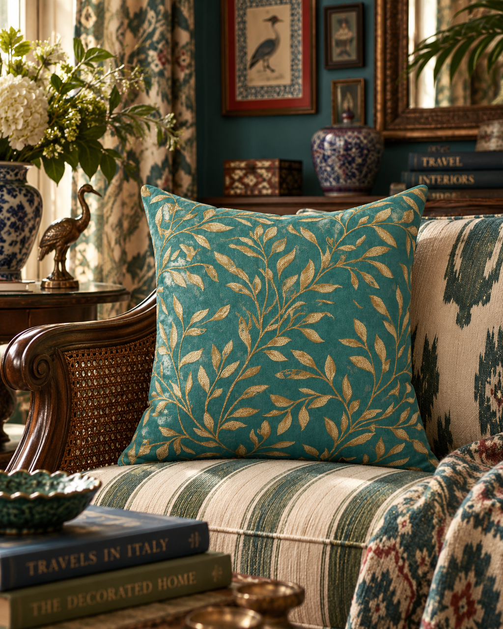 Teal Botanical Leaf Pattern Faux Suede Square Pillow | Coastal Green Throw Pillow