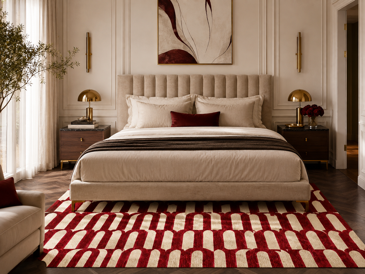 Retro Arch Pattern Area Rug | Mid Century Modern Red Cream Geometric