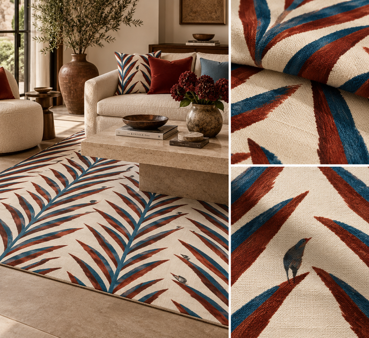 Blue Red Palm Leaf Area Rug | Tropical Botanical Pattern