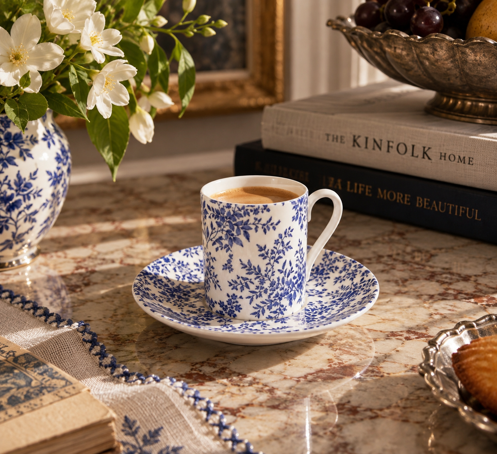 Blue Floral Espresso Cup and Saucer | Vintage Style Porcelain