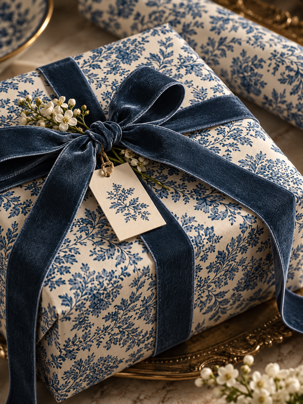 Blue Floral Damask Gift Wrapping Paper Roll