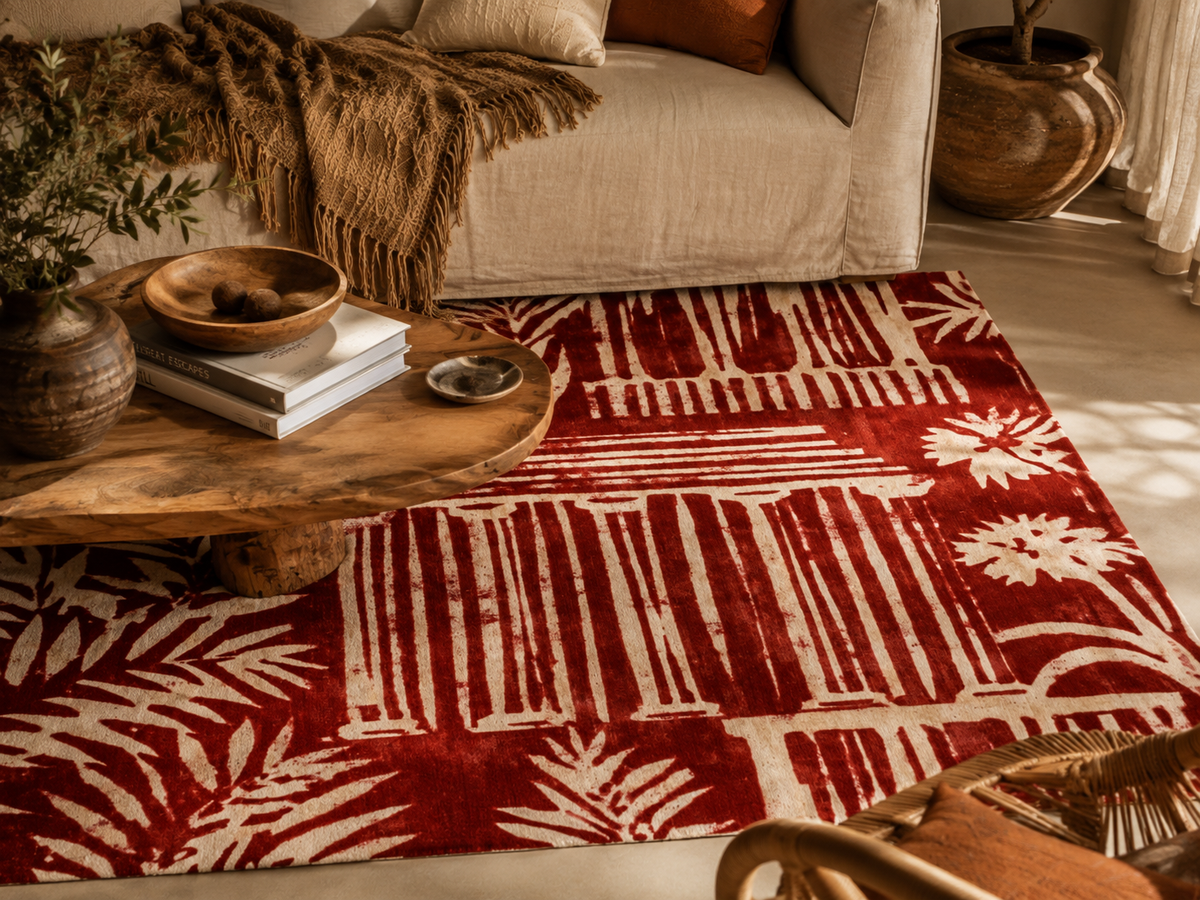 Tropical Cottage Area Rug | Palm Leaf Cabin Pattern, Red Cream Floor Mat