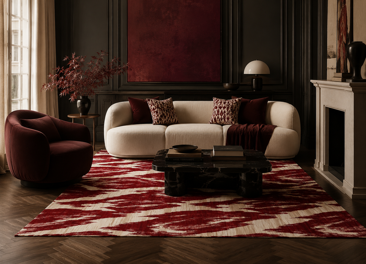 Crimson Brushstroke Area Rug — Red & Cream Abstract Statement Rug, Modern Luxury Designer Home Decor