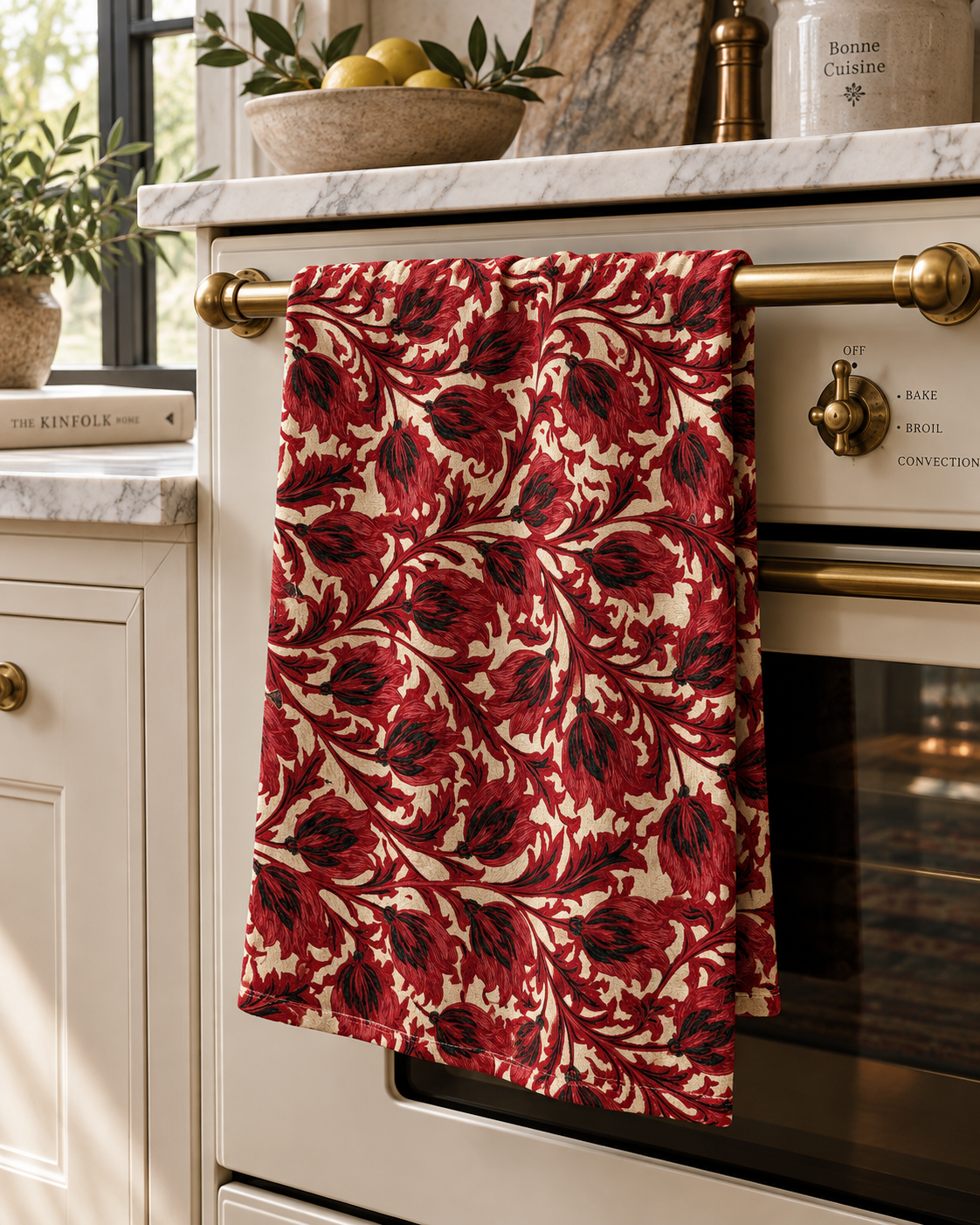 Red Floral Vine Pattern Tea Towel | Vintage Botanical Kitchen Towel