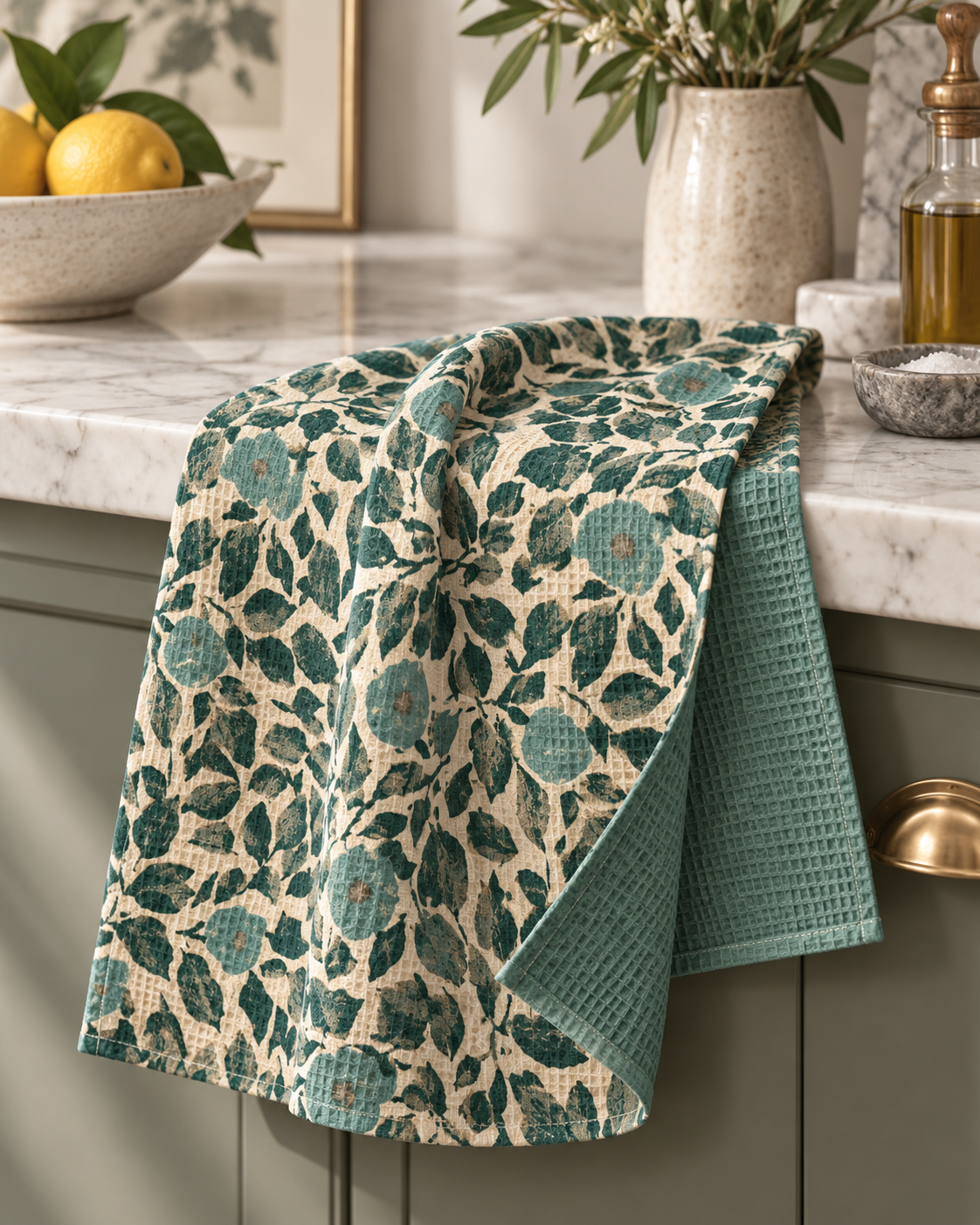 Green Floral Leaves Waffle Tea Towel | Double-Sided Kitchen Towel