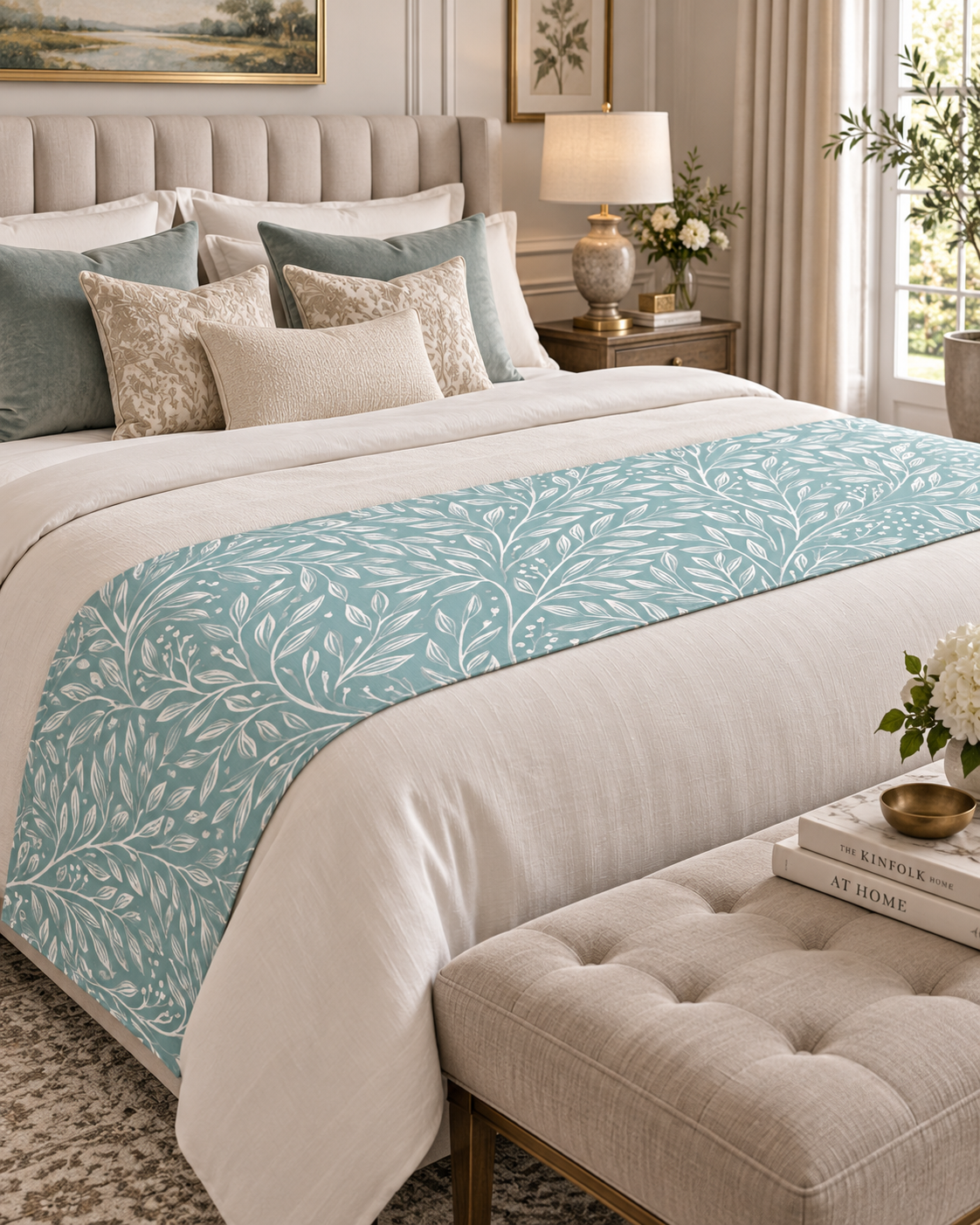 Teal Leaf Vine Quilted Bed Runner | Botanical Bedroom Accent