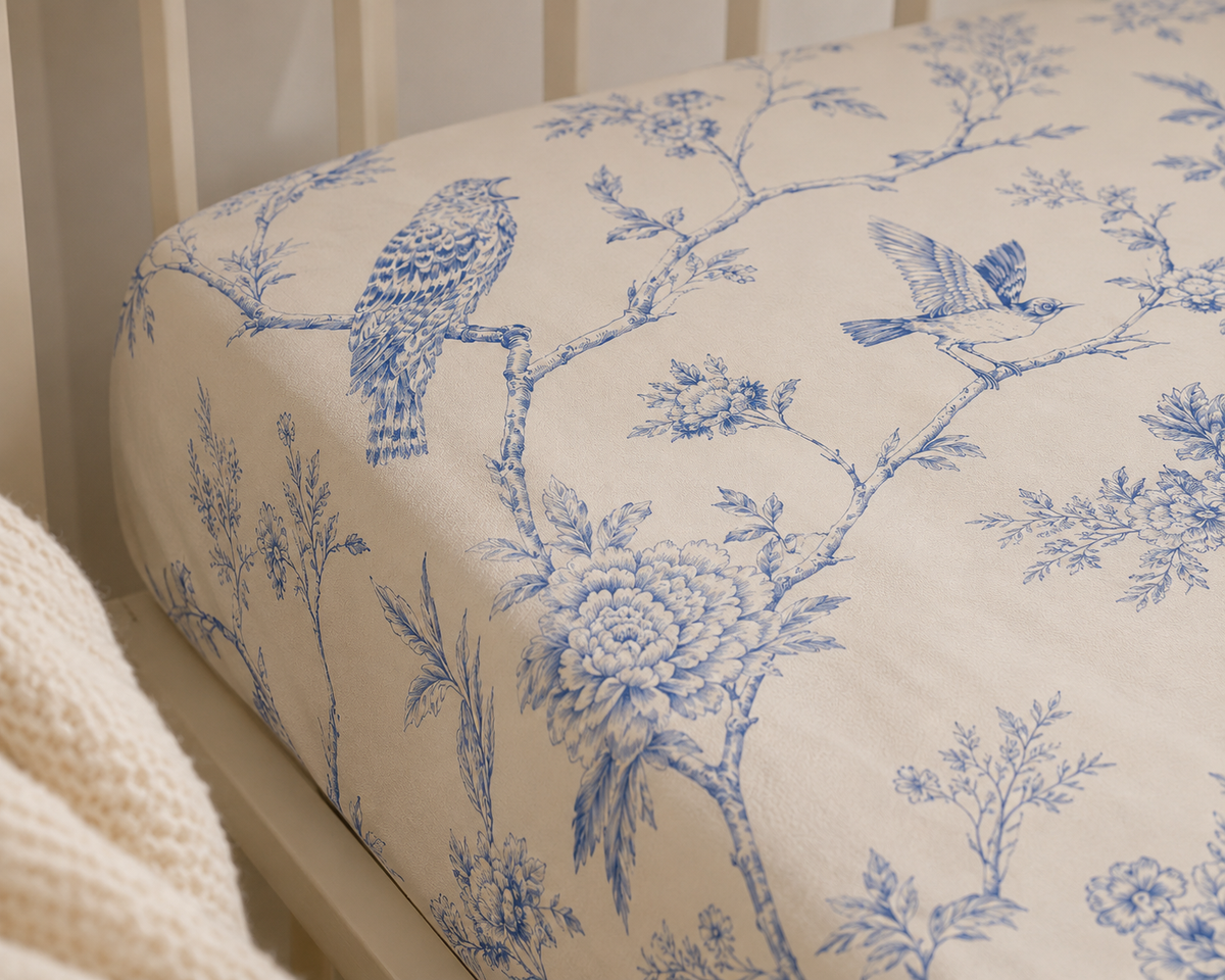 Bluebird Toile Baby Fitted Crib Sheet, Blue Floral Bird Nursery Bedding, French Country Baby Sheet, Elegant Vintage Nursery Decor
