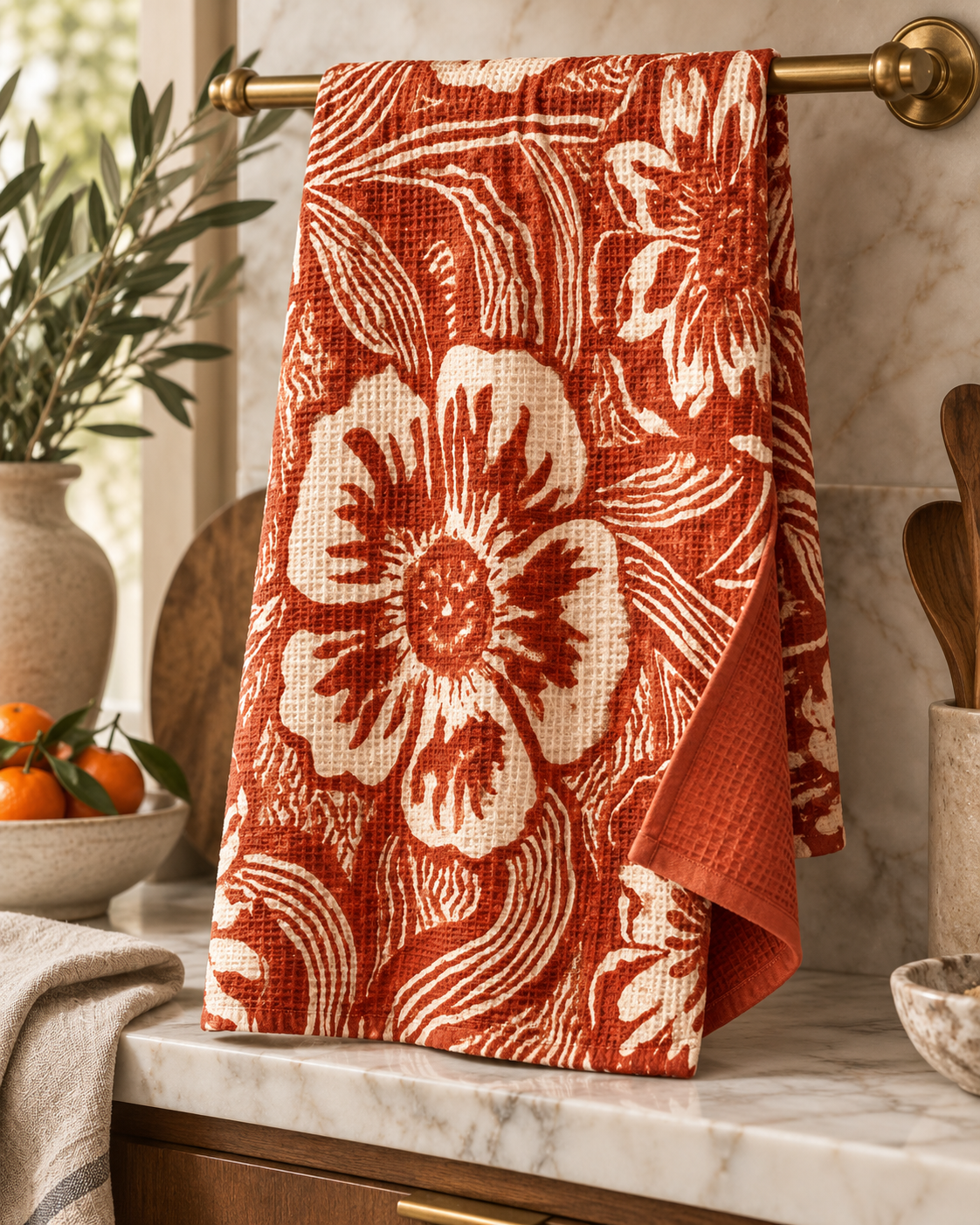 Rust Floral Print Tea Towel | Waffle Double-Sided Kitchen Towel