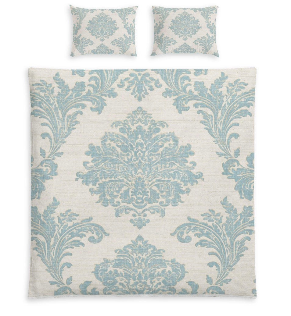 Celeste Blue Damask Cotton Bed Set – Elegant European Bedding with Duvet Cover & 2 Pillowcases
