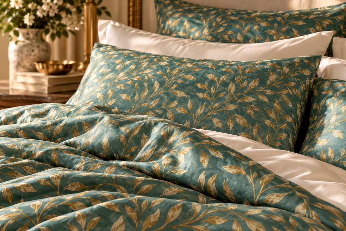 Aurelia Teal & Gold Botanical Silk Duvet Cover