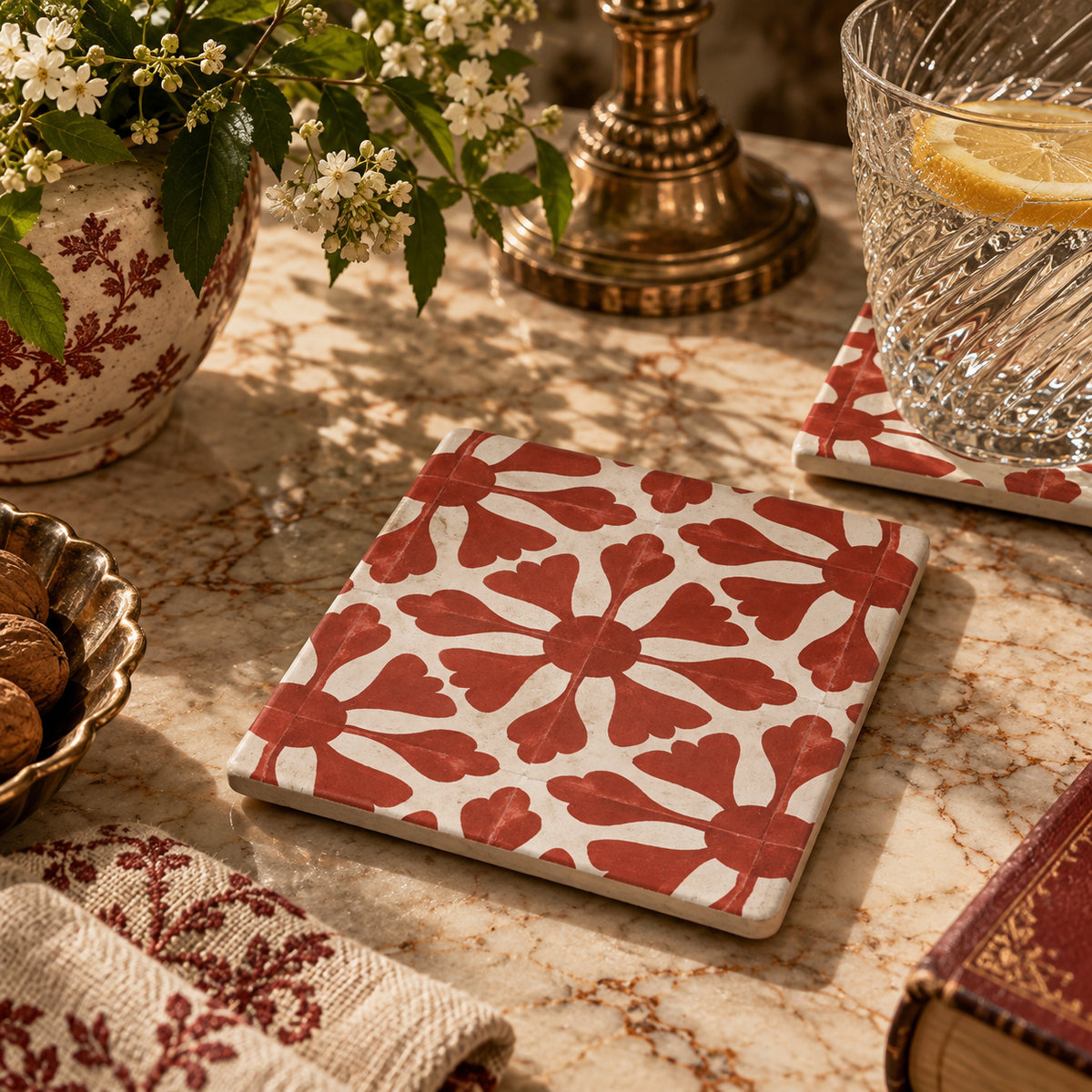 Rosalie Ceramic Coaster | Vintage Floral Tile