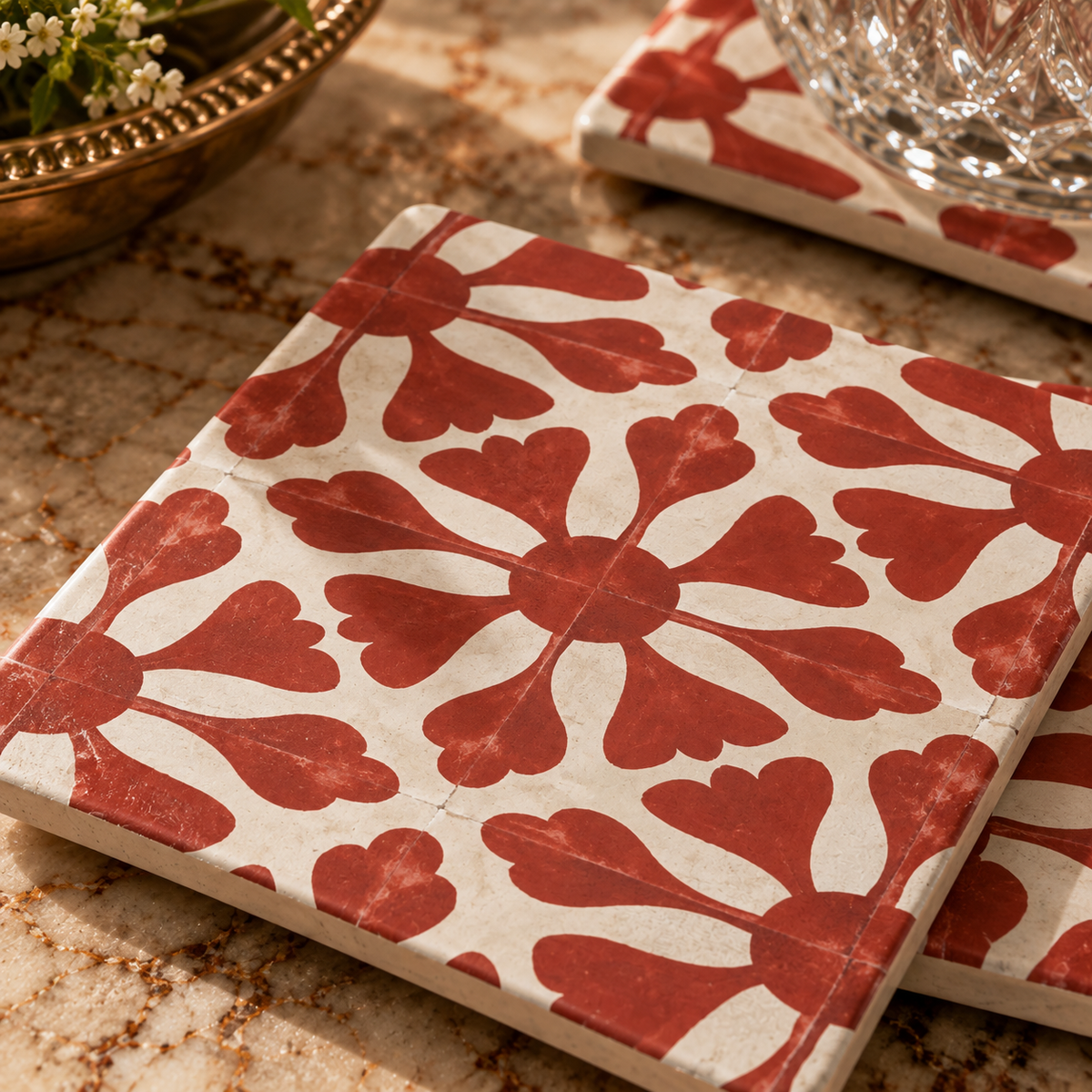 Rosalie Ceramic Coaster | Vintage Floral Tile