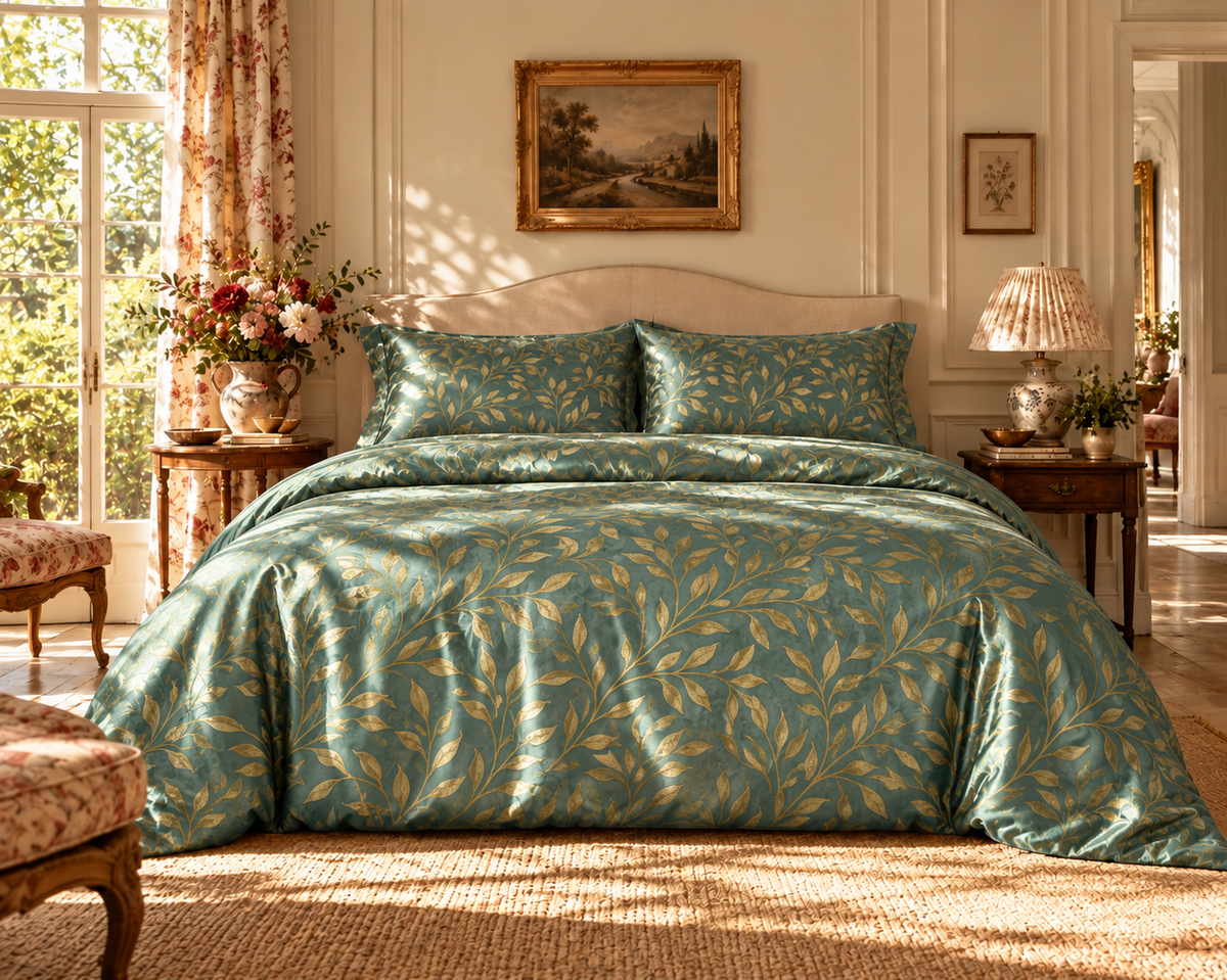 Aurelia Teal & Gold Botanical Silk Duvet Cover
