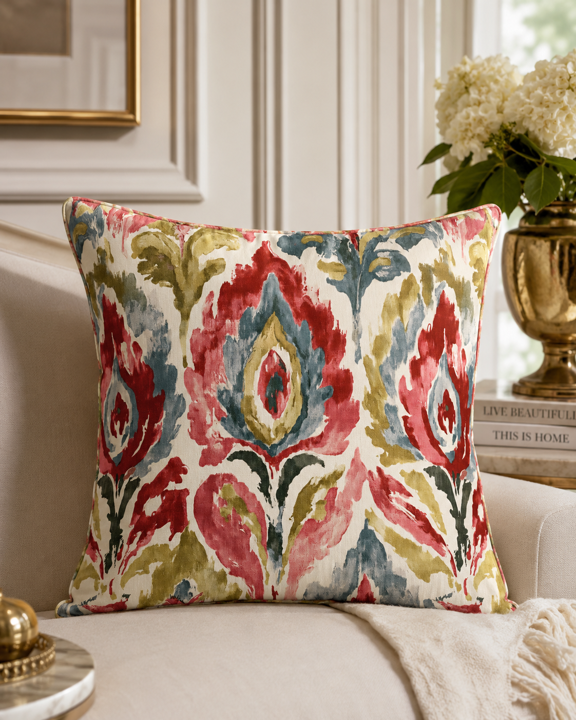 Luxury Ikat Floral Designer Cushion, Boho European Decorative Pillow, Elegant Statement Home Decor