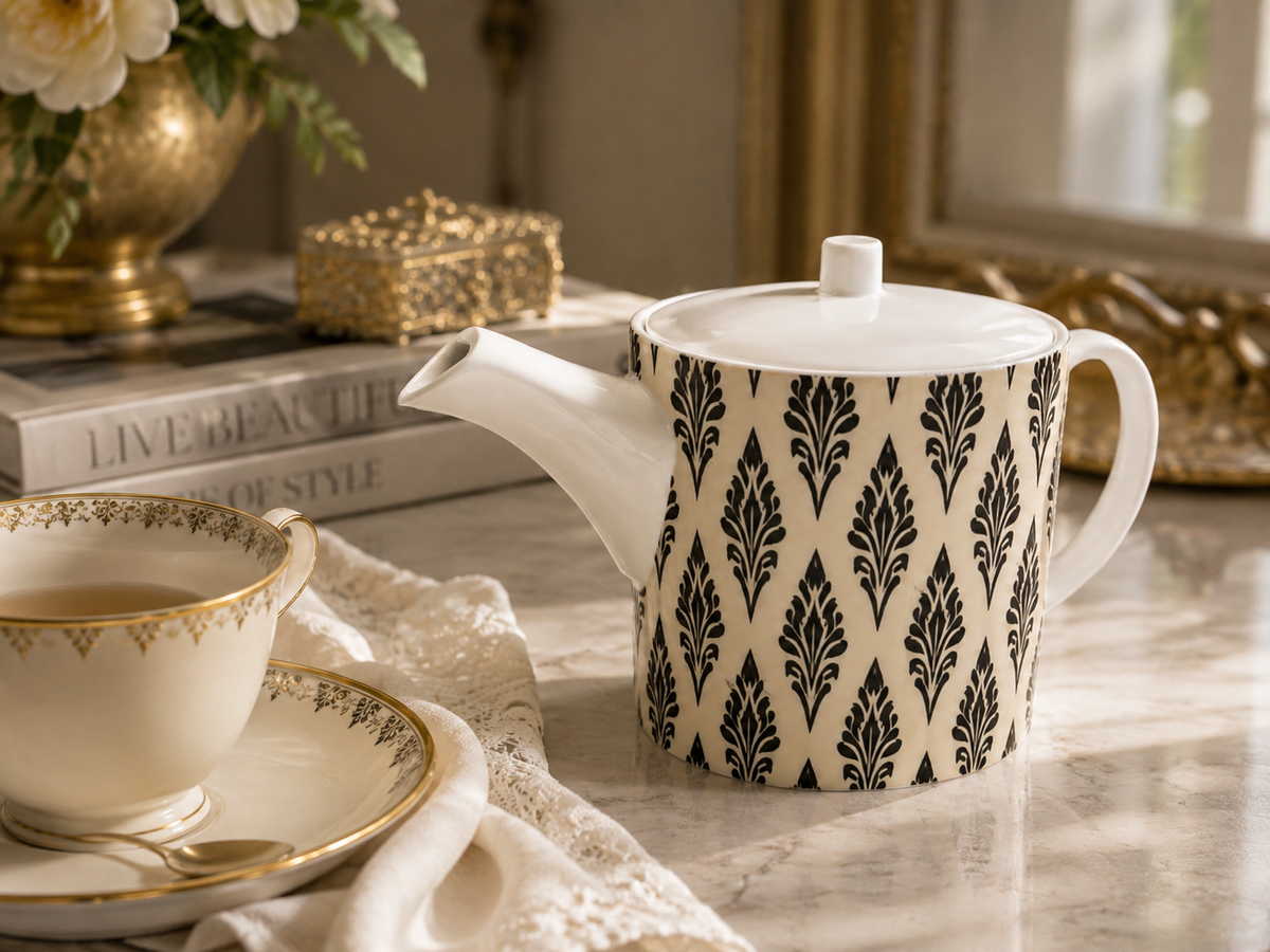 Ikat Pattern Bone China Teapot - The Midnight Laurel Collection