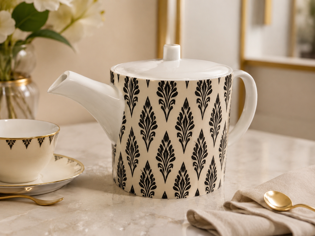 Ikat Pattern Bone China Teapot - The Midnight Laurel Collection