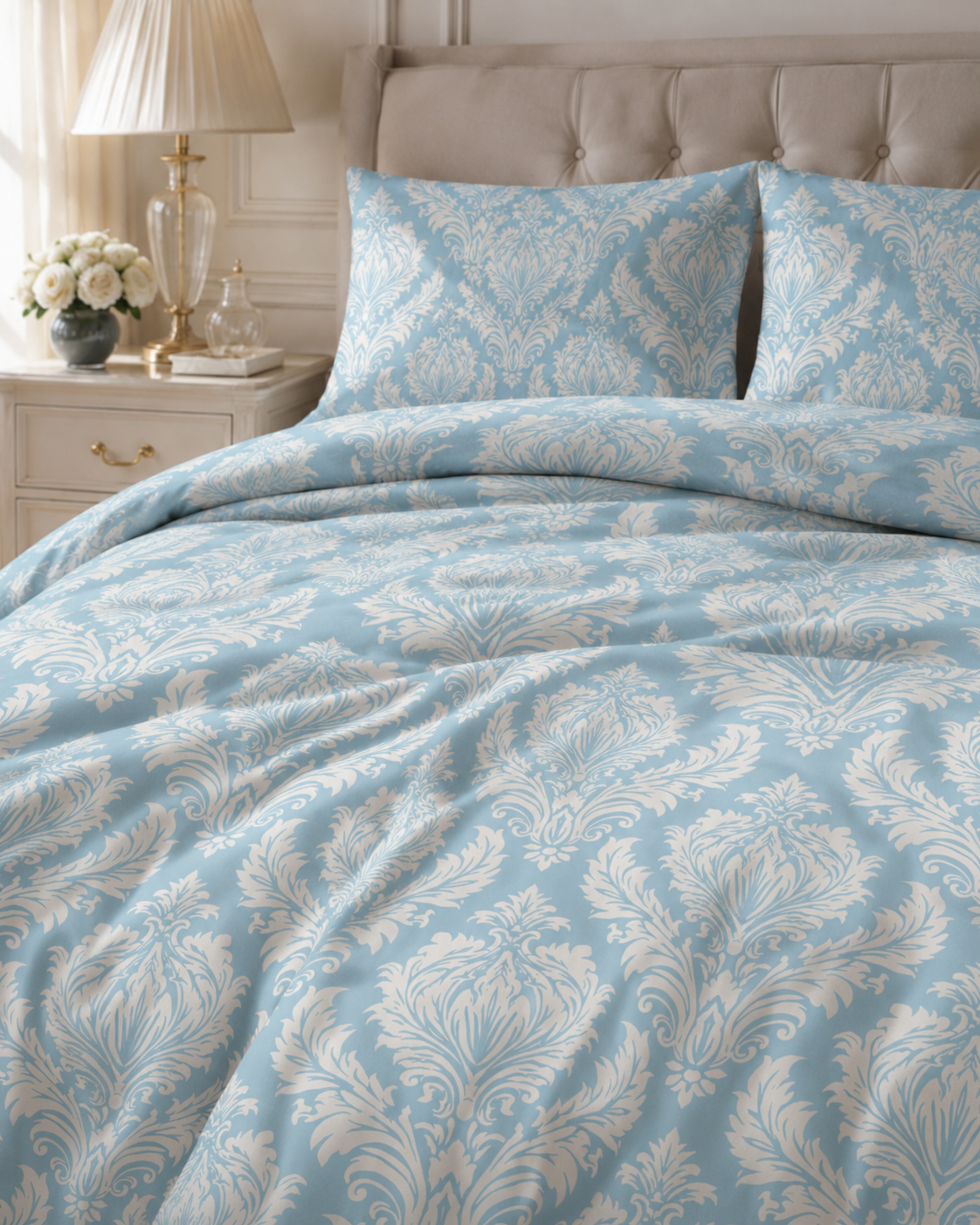 Celeste Damask Cotton Bed Set – Light Blue & Ivory European Duvet Cover with 2 Pillowcases, Luxury French Bedroom Decor