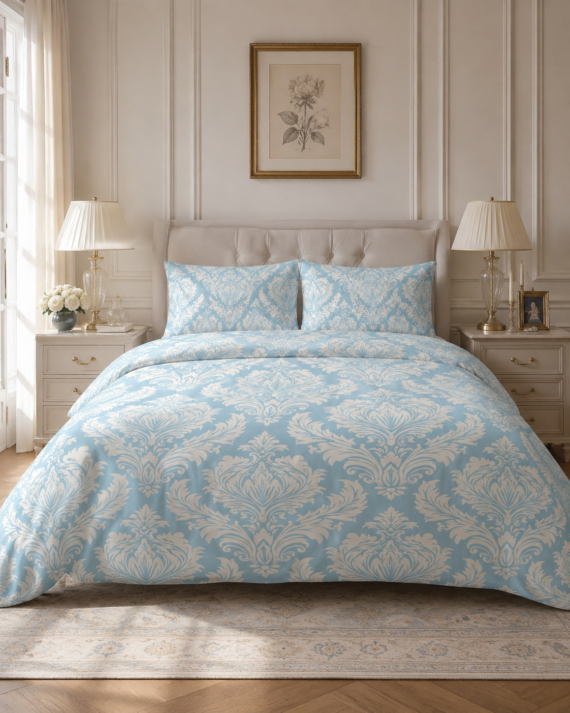 Celeste Damask Cotton Bed Set – Light Blue & Ivory European Duvet Cover with 2 Pillowcases, Luxury French Bedroom Decor