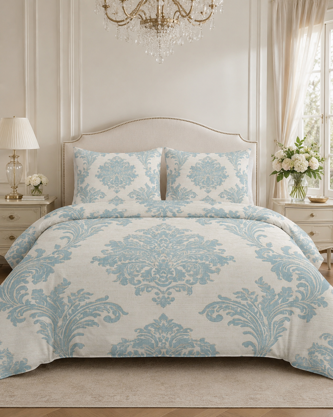 Celeste Blue Damask Cotton Bed Set – Elegant European Bedding with Duvet Cover & 2 Pillowcases